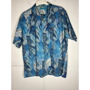 Tori Richard Mens Blue Palm Leaf Hawaiian Shirt Made in Hawaii Large Short Sleev